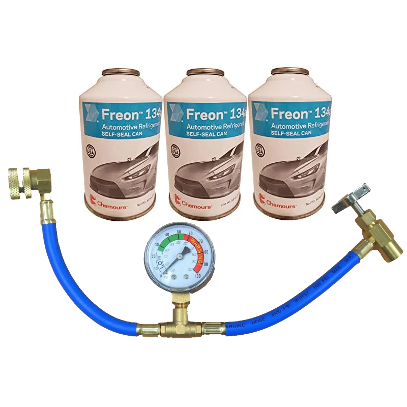 Chemours Brand R134a Refrigerant Freon for MVAC use in a 12-Ounce Self-Sealing Container (3 Pack) with guage